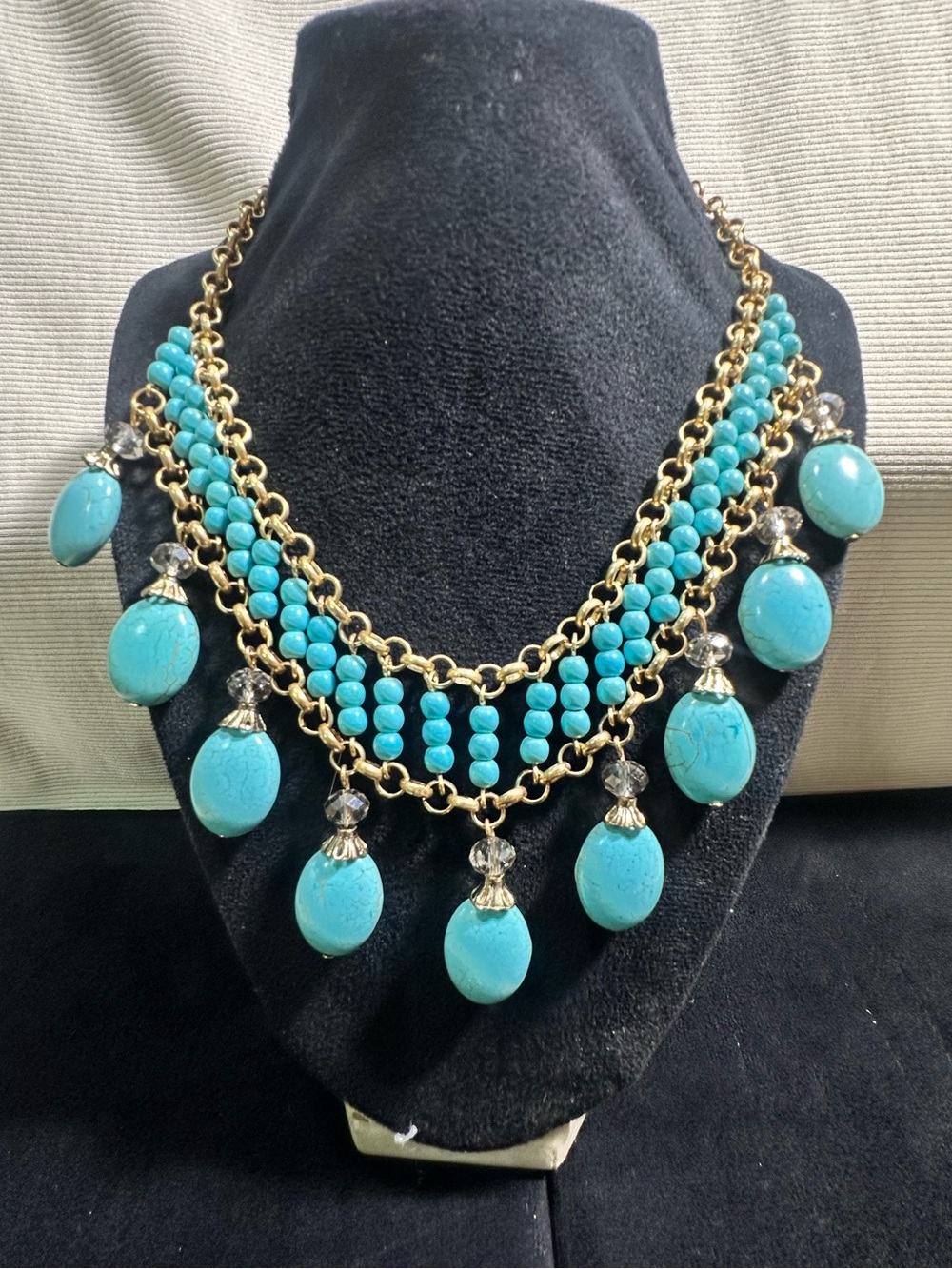 Lovely Vtg Faux Turquoise & Crystal Articulated Bib Necklace